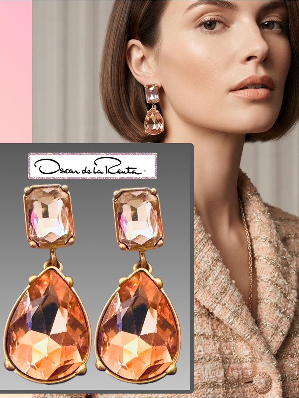 Oscar de la Renta Square & Teardrop CRYSTAL DROP EARRINGS Blush Pink/Gold ✨Post✨